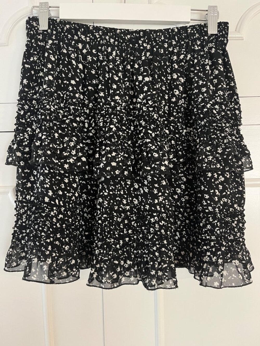 All Saints Sanse Pippa Floral Tiered Ruffle Mini Skirt Black US 4